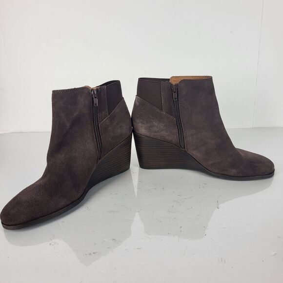 Lucky Brand Zorlina Ankle Boots Wedge Heel Zip Up chocolate Suede - Picture 5 of 11